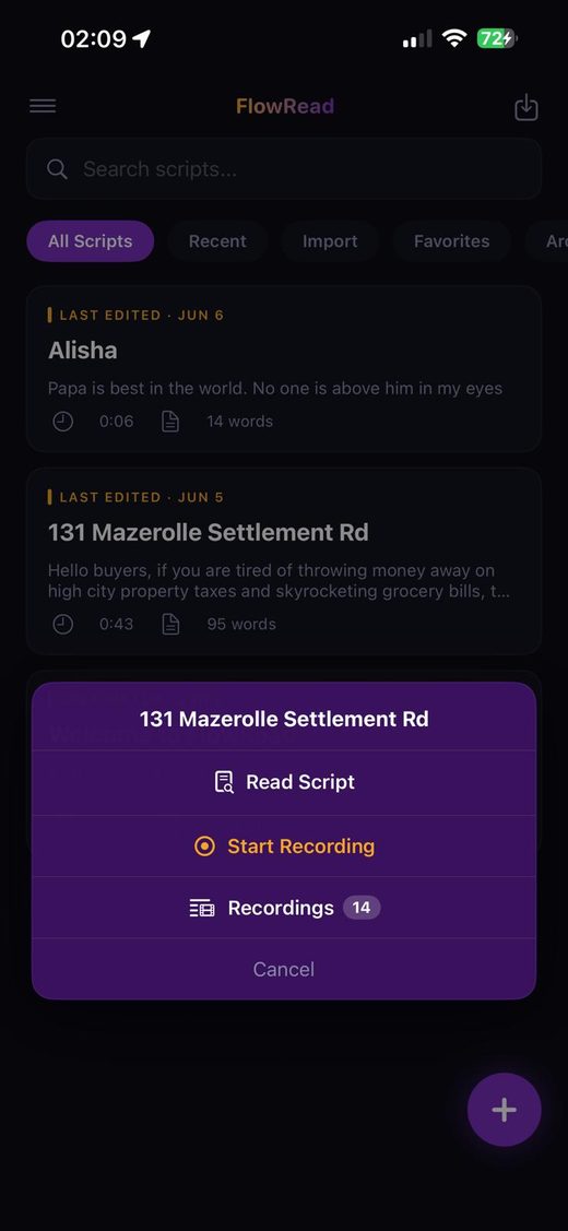 iFlowRead action sheet for a script, showing options to Read Script, Start Recording, and view 14 saved recordings