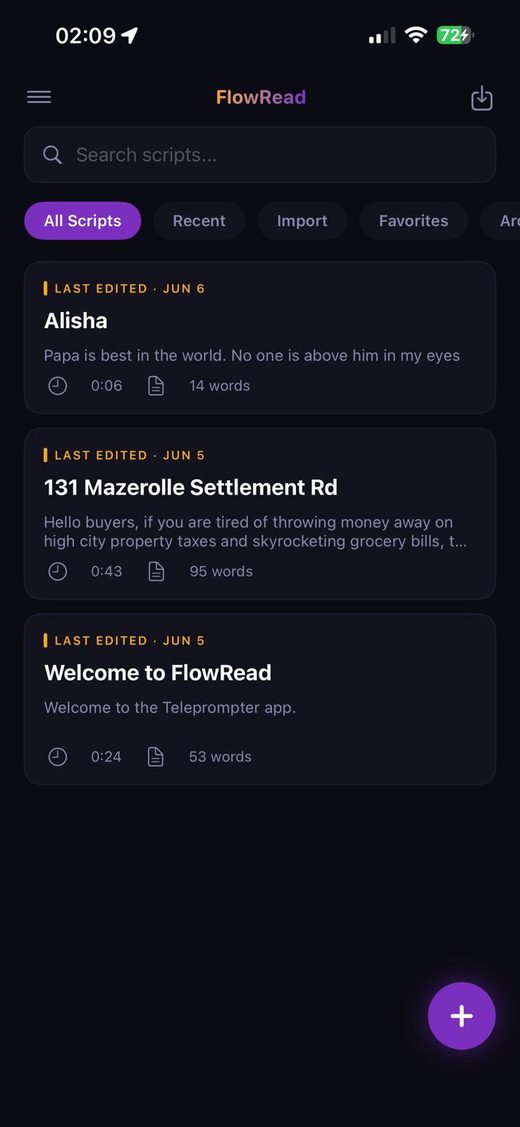 iFlowRead script library showing saved scripts including Alisha, 131 Mazerolle Settlement Rd, and Welcome to iFlowRead, each with read time and word count