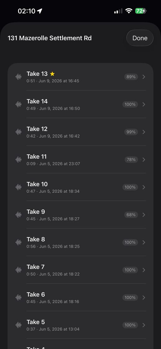 iFlowRead recordings list for 131 Mazerolle Settlement Rd showing 14 takes with read-accuracy scores, the highest at 100%